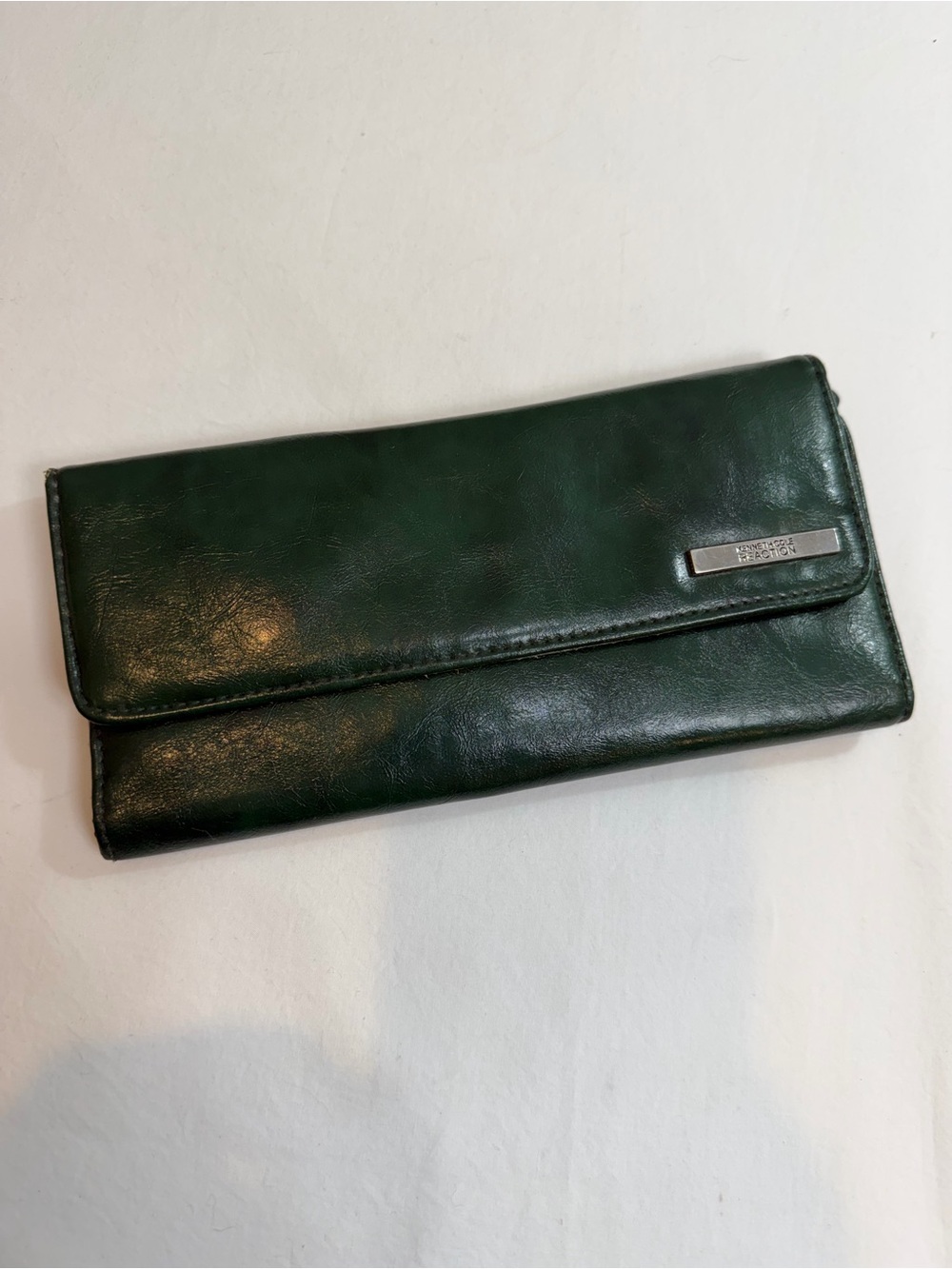 Kenneth Cole dark green leather tri fold full size wallet with leopard lining